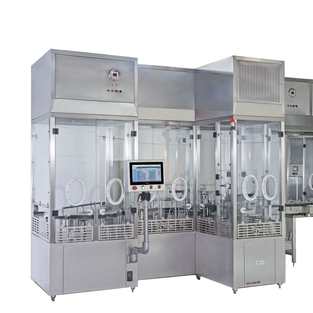 Automatic Vial Injectable Liquid Filling with Rubber Stoppering Machine Equipped with 100% In-Process Check Weighing System. Model: AVLF-120S-IPC